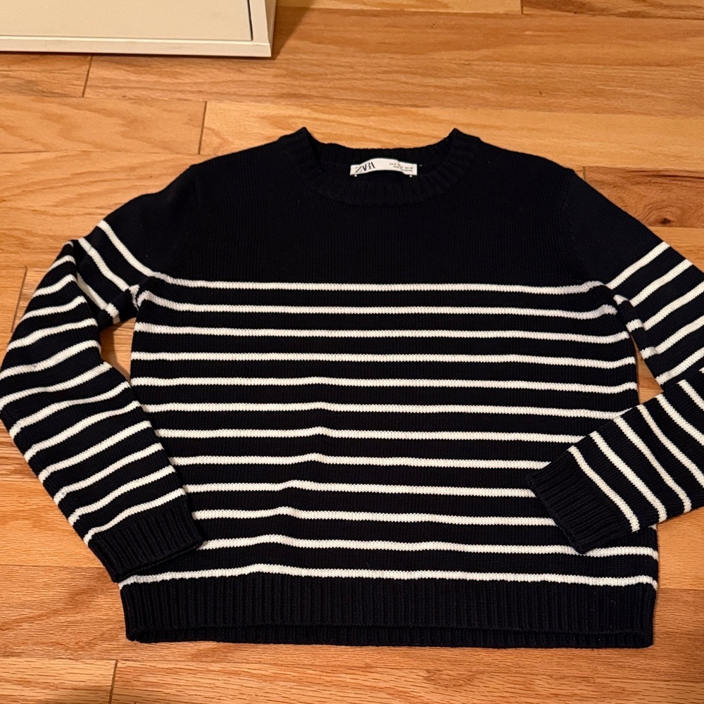 Zara Navy and White Striped Crewneck Sweater